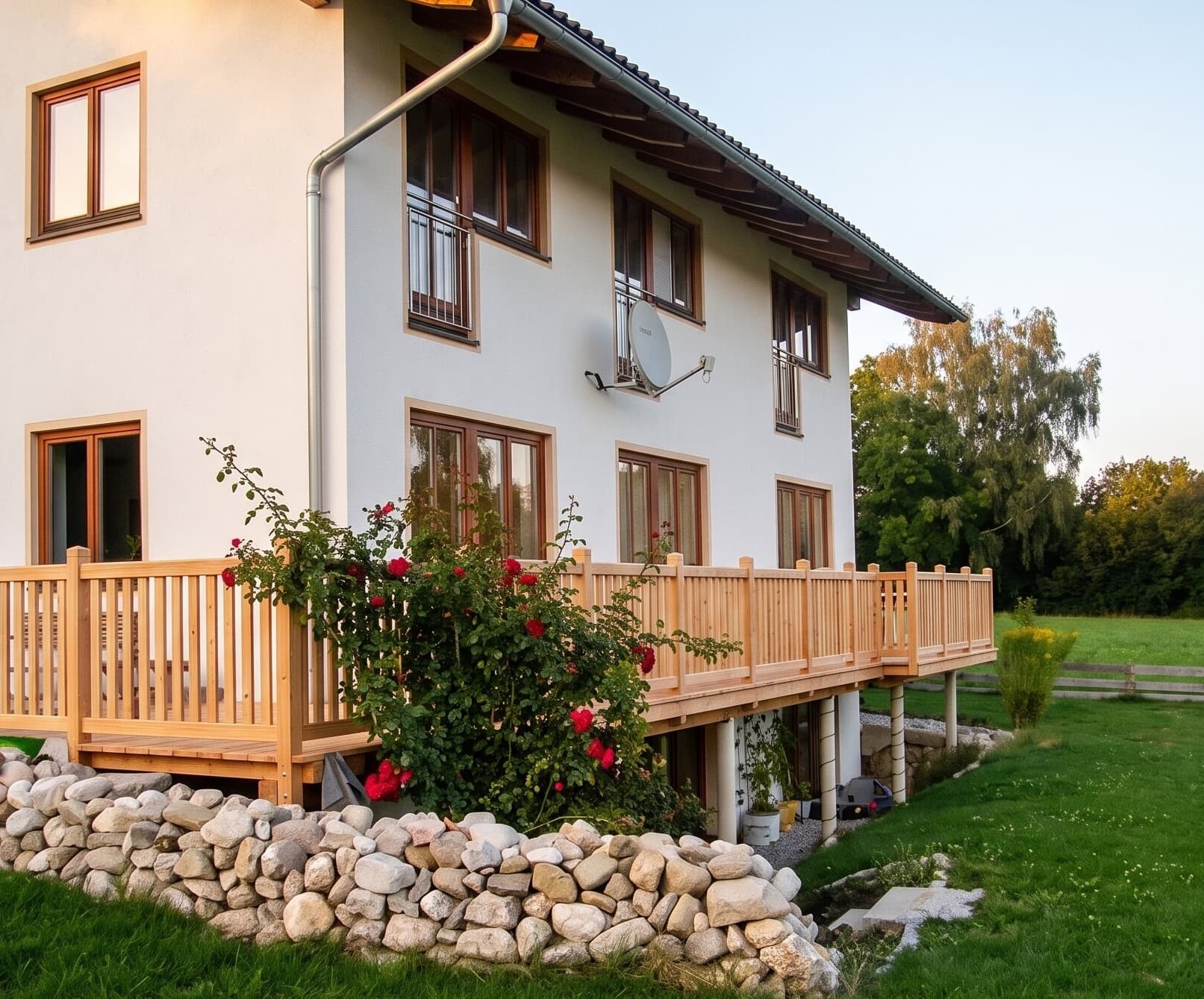 Holzterrasse mit Geländer und Steingarten an einem Wohnhaus