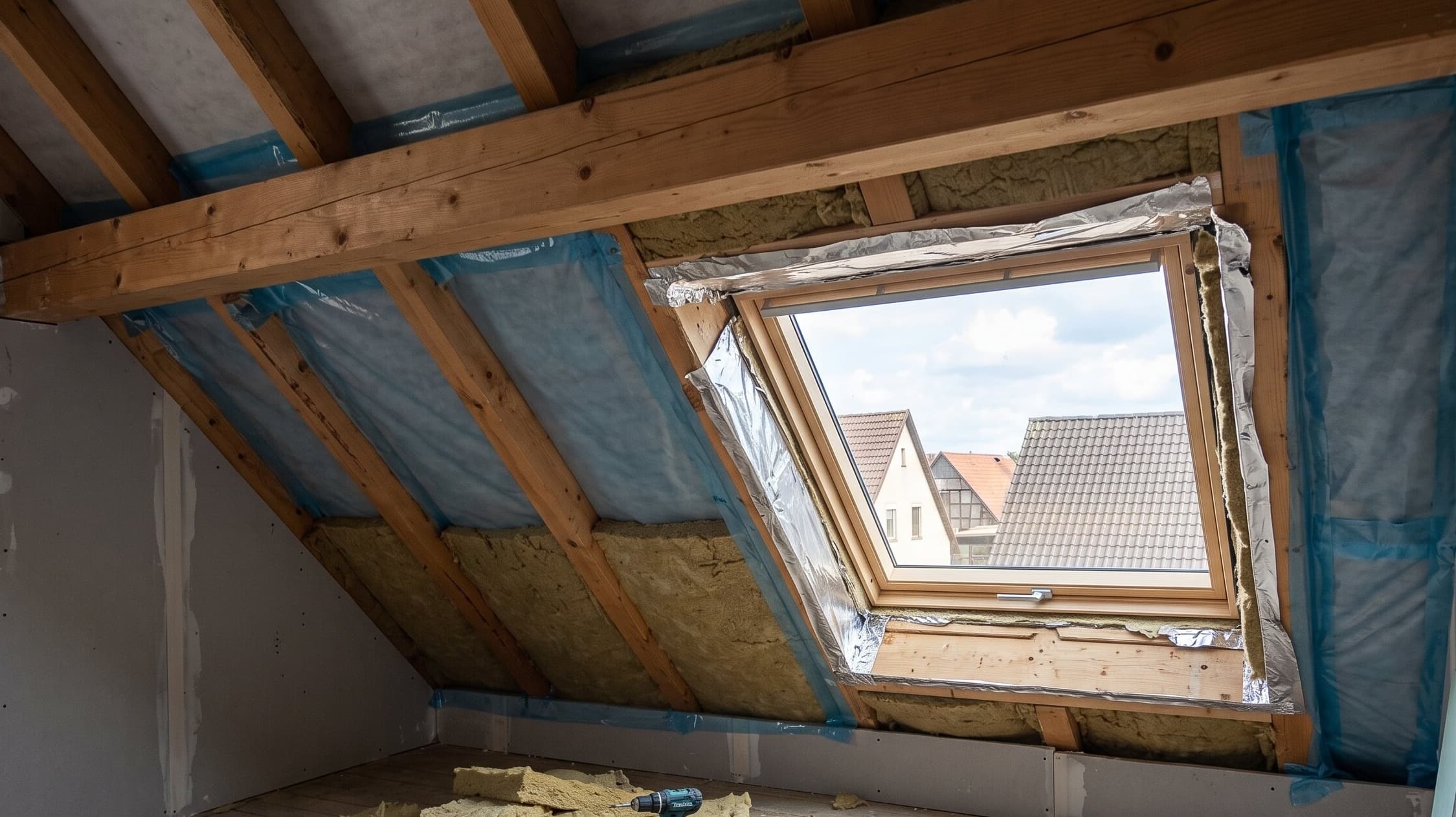 Heller Dachgeschoss-Innenausbau mit Holzdecke und Sprossenfenster